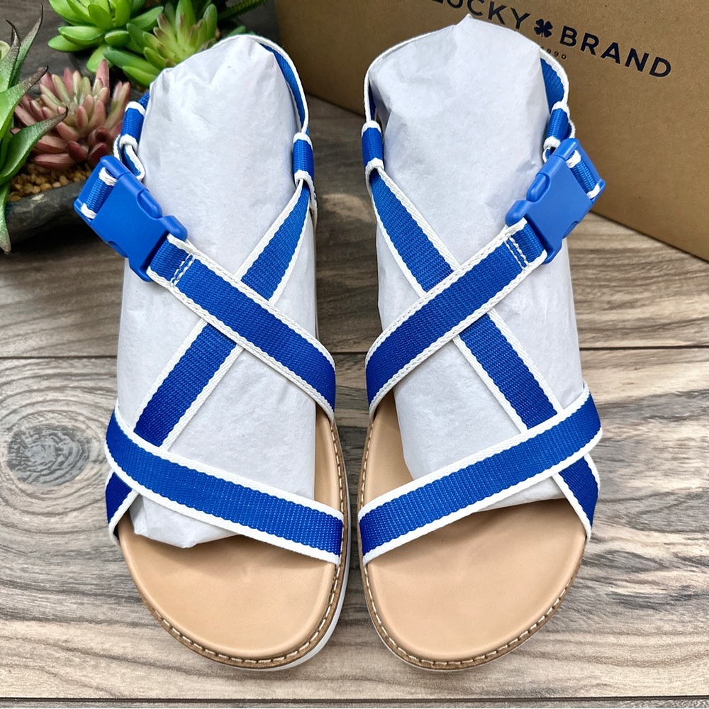 NIB Lucky Brand Imbae Strappy Platform Wedge Sandal Classic Blue Textile 8.5M - Picture 2 of 11